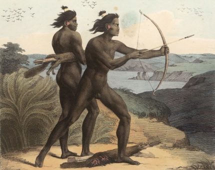 Two Ohlone indians with bow and arrows. Painted by Louis Choris in 1816; now in Bancroft Library at UC Berkeley.